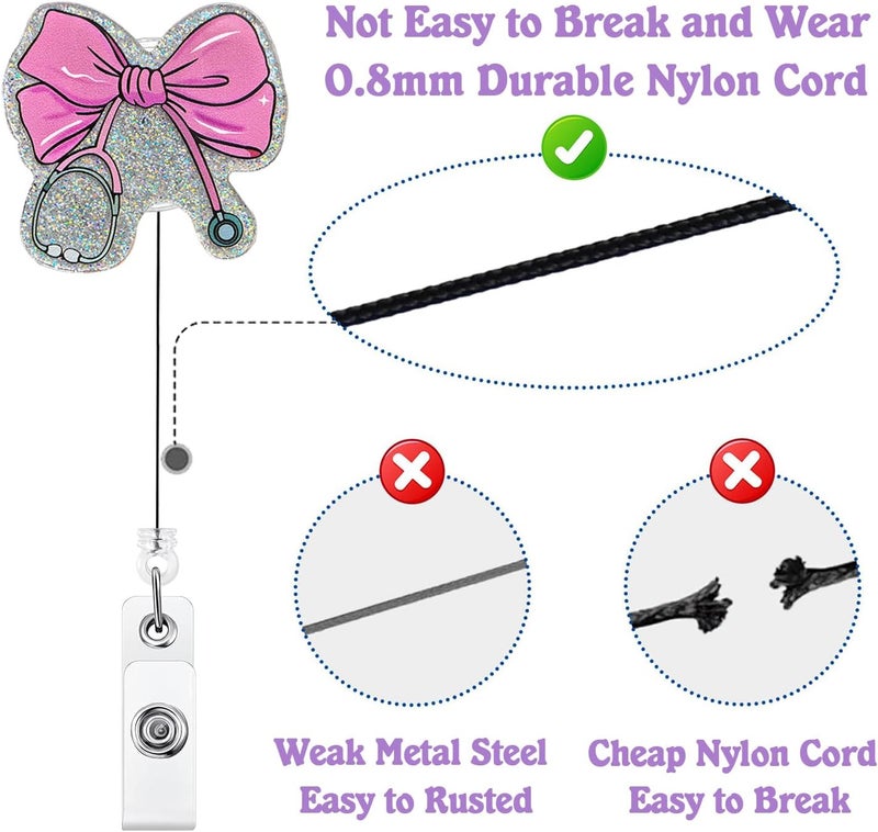 Bydevia Pink Bow Stethoscope Badge Reel Retractable for Nurse Nursing RN CNA LPN & Medical Assistant | Cute Nurse Gifts Coquette Bow ID Name Badge Holder with Alligator Clip & 24” Durable Nylon Cord | Acrylic - Image 4